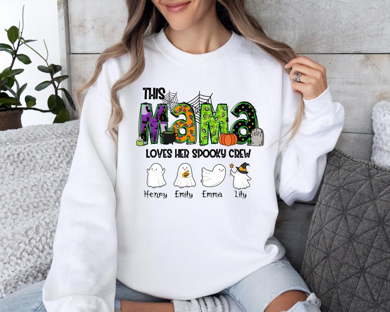 Personalized Halloween Mama Sweatshirt with Kids Names, Custom Halloween Mama Sweater, Spooky Mama Sweater