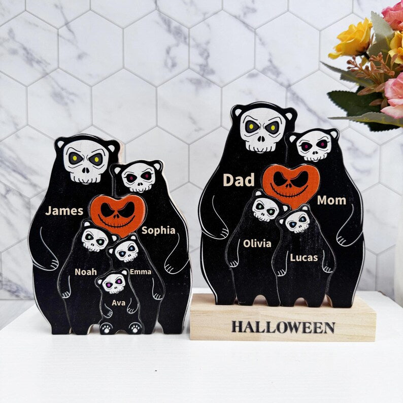 Custom Halloween Wooden Ghost Bear Family Puzzle