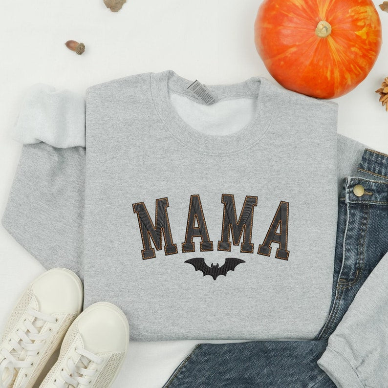 Halloween Mama Sweatshirt, Embroidered Mama Bat Shirt