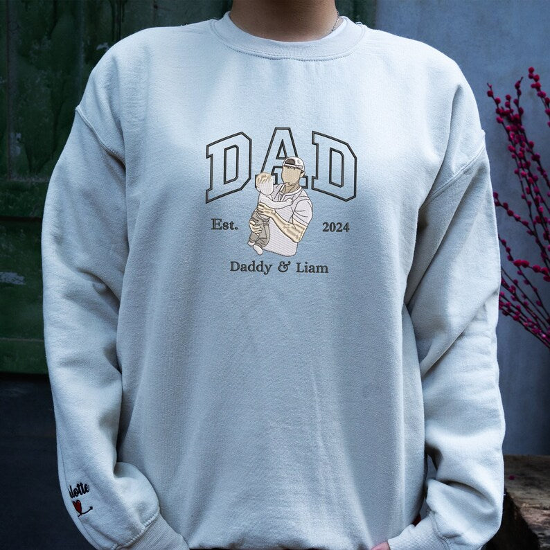 Custom Embroidered Portrait from Photo Sweatshirt, Father's Day T-shirt, Gift for Dad