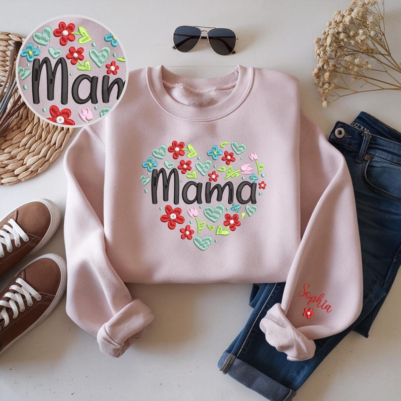 Custom Heart Flower Mama Embroidery Sweatshirt, Gift for Grandma, Mom, Her