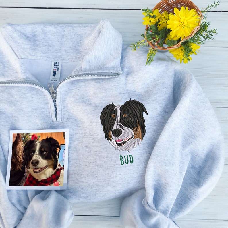 Custom Full Color/Outline EMBROIDERED Pet Quarter Zip Sweatshirt, Dog Potrait Zip Up Sweatshirt