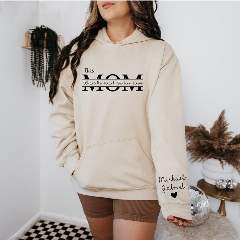 Custom This Mom Wears Her Heart On Her Sleeve Sweatshirt With Kids Names