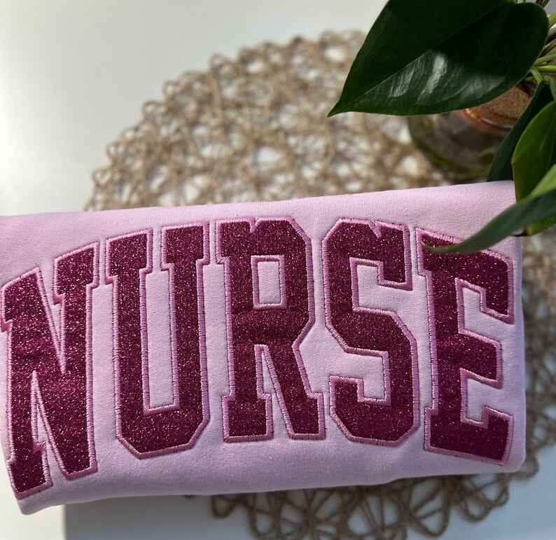 Glitter Nurse Sweatshirt - Custom Embroidered Nursing Crewneck with Glitter Detail