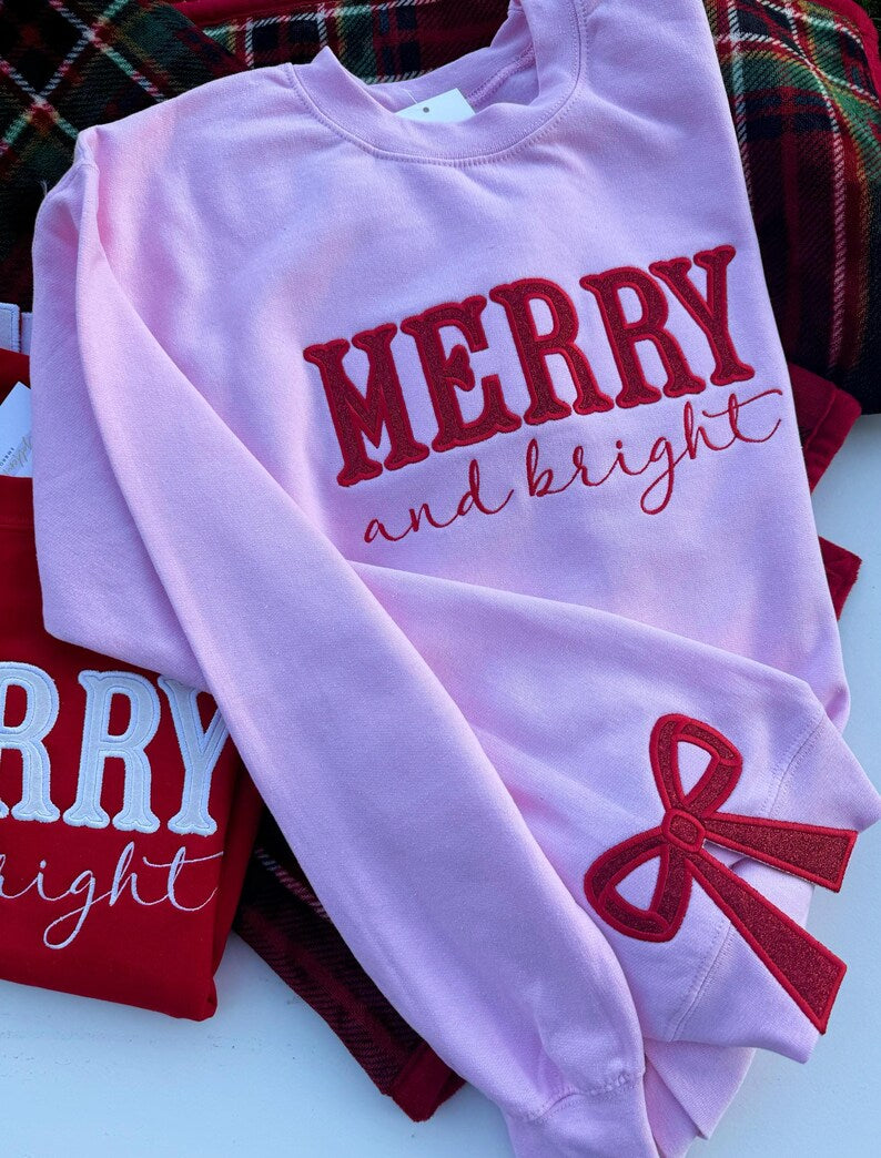 Custom Merry and Bright Glitter Embroidered Side Bow Sweatshirt