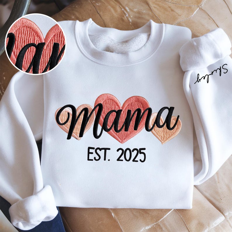 Embroidery Mom Sweatshirt, Retro Heart Mama Shirt, Gift for Grandma, Mom, Her