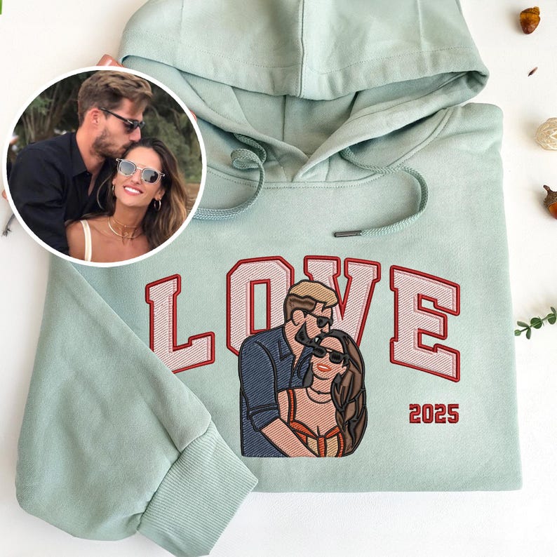 Custom Embroidered Couple Portrait Photo Hoodie