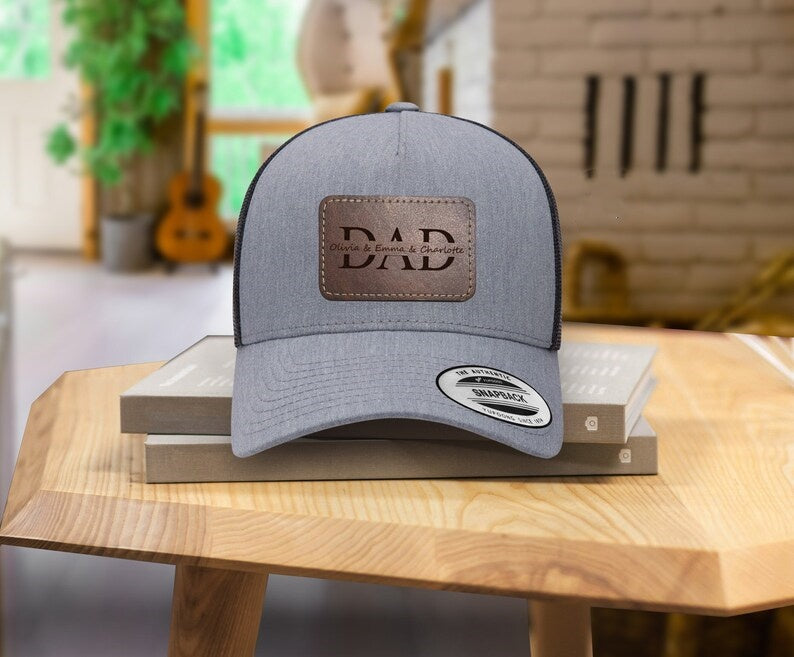 Custom Kids Name Dad Hat, Personalized Dad Gift, Leather Patch Hat