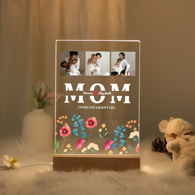 Custom Personalized Photo with Birth Flower Night Light for Mother's Day Gift