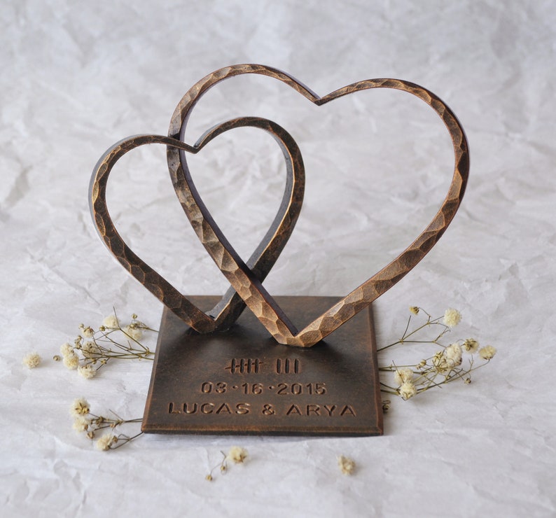 Personalized Two Steel Hearts For Anniversary Gift, Gift for Wife