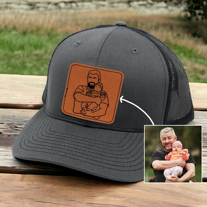 Custom Outline Portrait Trucker Hat Gifts for Dad - Engraved Hat with Photo Father's Day Gift Idea