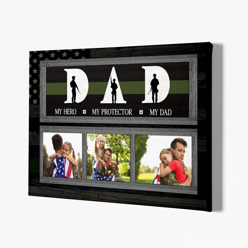 Personalized Photo Canvas Gift For Veteran Dad, Custom Green Thin Line Canvas,Gift From Kid