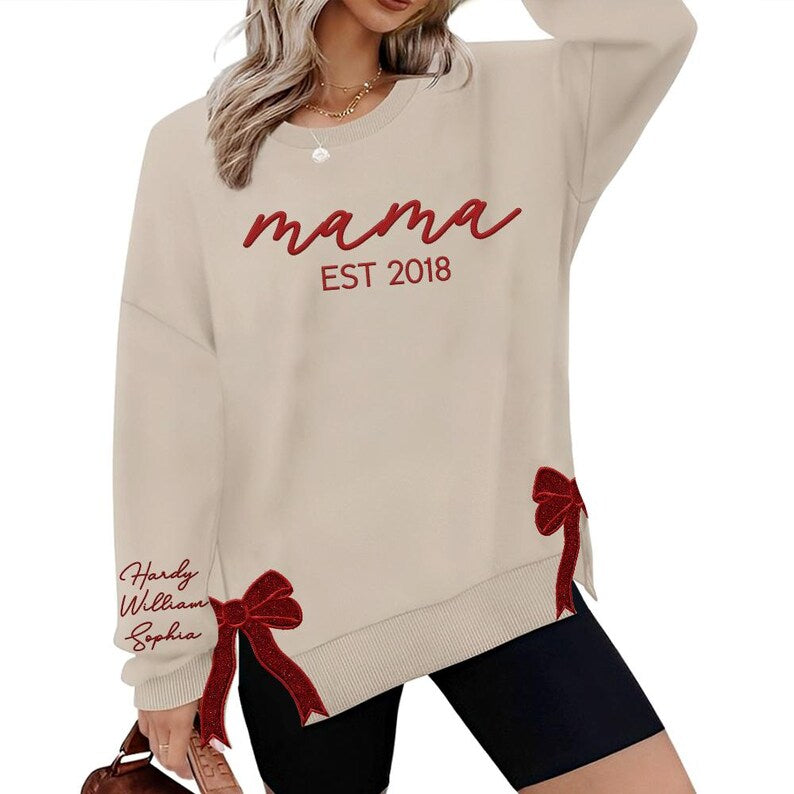 Personalized Mama Embroidered Glitter Side Bow Sweatshirt