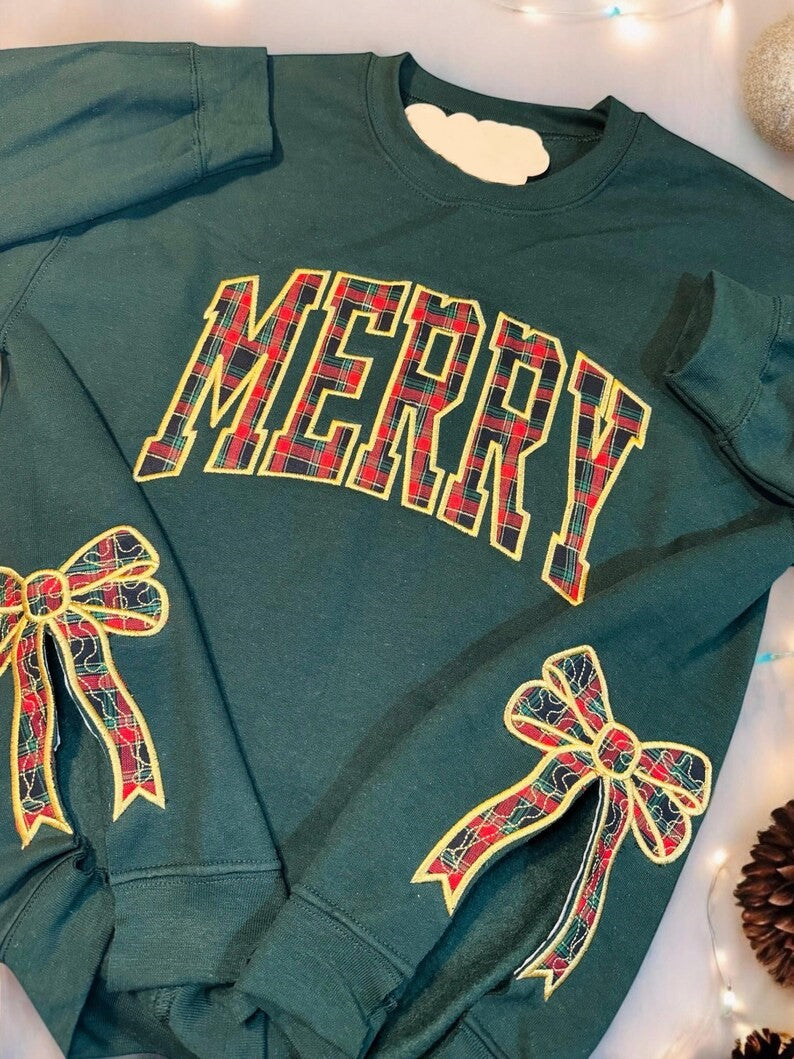 Embroidered Merry Side Bow Cut-Out Sweatshirt