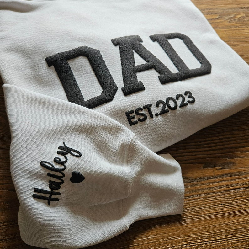 Personalized Dad Sweatshirt with Kid Names on Sleeve, Embossed Dad Hoodie