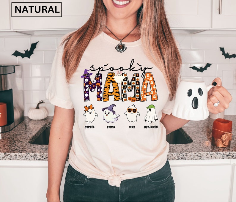 Personalized Mama Halloween Shirt with kids name, Spooky Mama Shirt, Ghost Mama Shirt