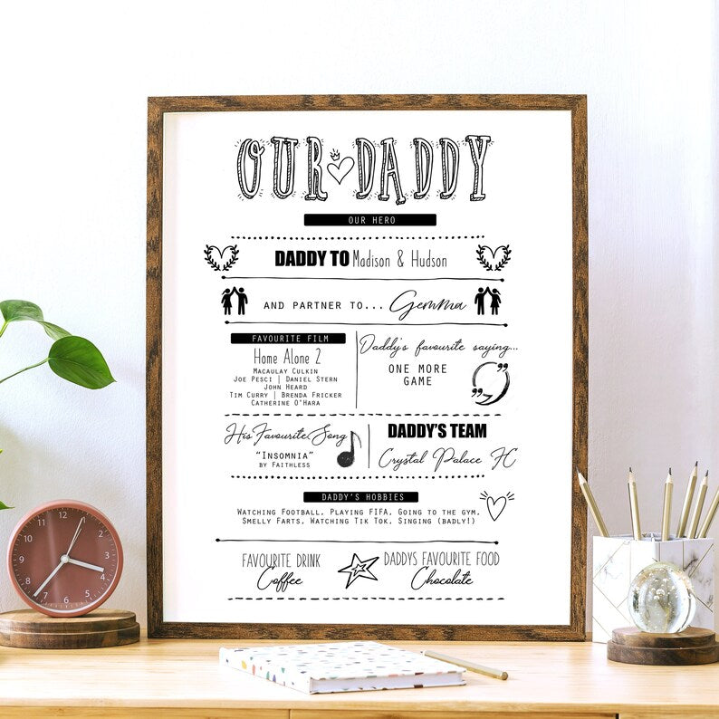 Custom Father's Day Art Wooden Frame, Personalised Family Fathers Day Gift, Dad Print