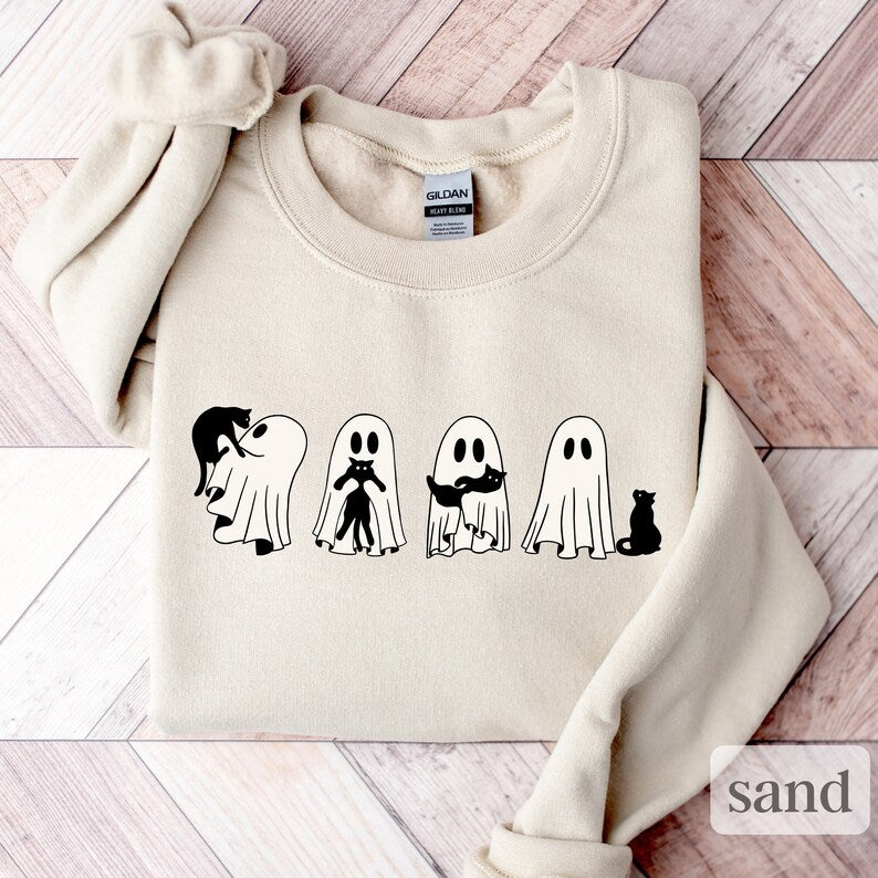 Halloween Sweatshirt, Ghost and Cat Sweatshirt, Ghost Shirt, Black Cat Shirt