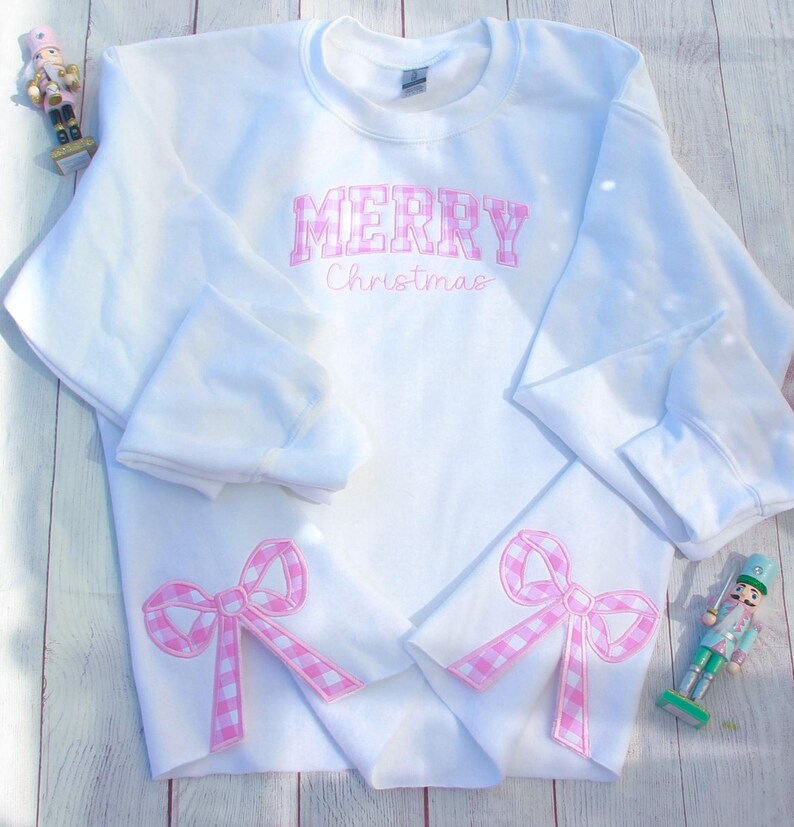 Embroidery Pink Merry Christmas Side Bow Sweatshirt