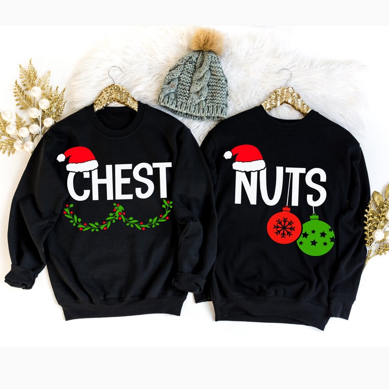 Chest Nuts Matching Couple Embroidered Sweatshirt, Merry Christmas Crewneck Holiday Embroidery Sweatshirt