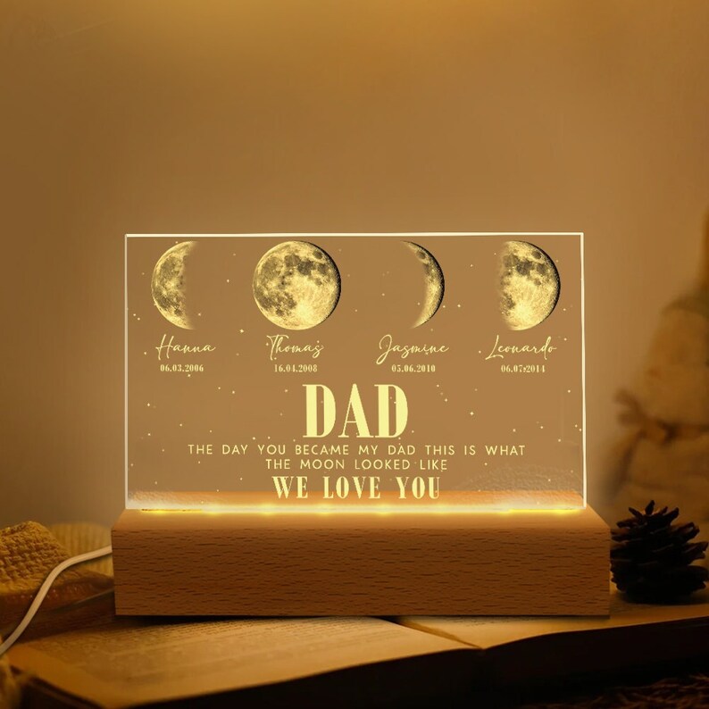 Custom The Day You Became My Dad Moons Phase Light Plaque With Kids Names