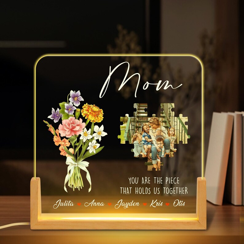 Custom Personalized Photo LED Night Light, Custom Birthmonth Flower Mother's Day Gift