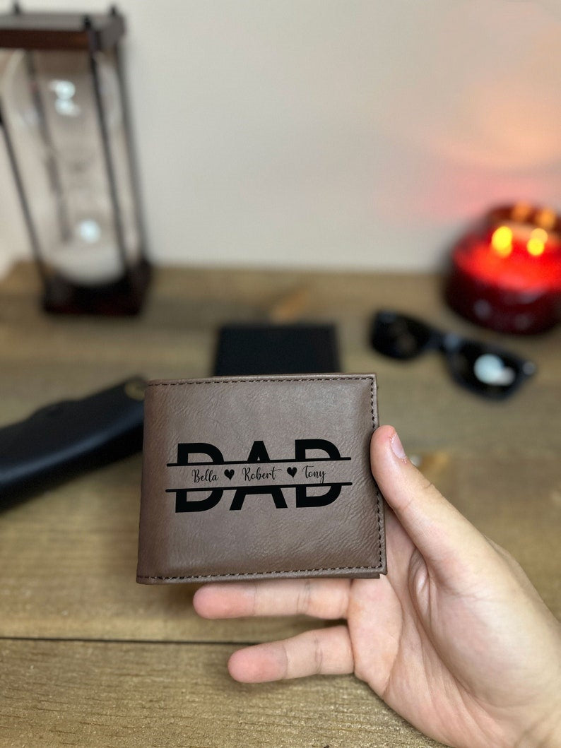 Personalized Kids Name Leather Wallet for Dad, Custom Father's Day Gift