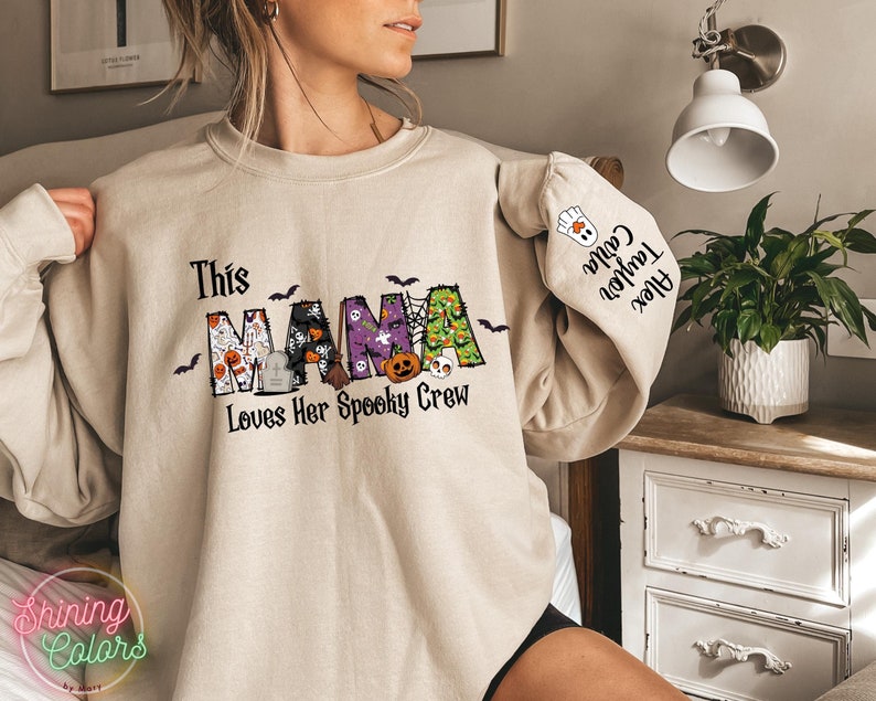 This Mama Loves Her Spooky Crew Sleeve Sweatshirt, Custom Ghost Kids, Personalized Halloween Sweatshirt