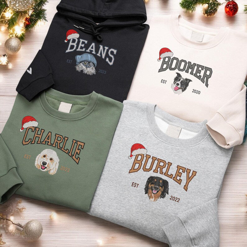 Custom Christmas Embroidery Pet Portrait Sweatshirt