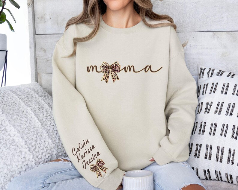 Custom Mama Leopard Sweater With Kids Name On Sleeve, Coquette Bow Mama Sweater Gift