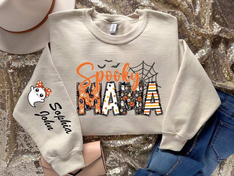 Custom Halloween Spooky Mama Sweatshirt with Kids Name on Sleeve Sweatshirt