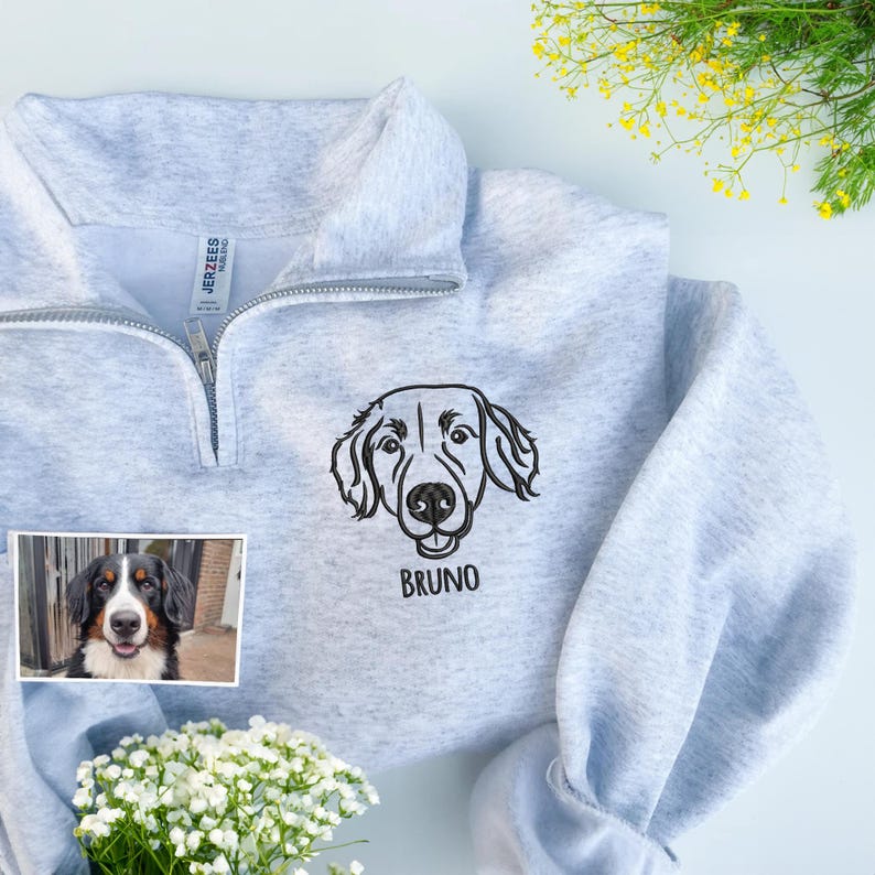 Custom Full Color/Outline EMBROIDERED Pet Quarter Zip Sweatshirt, Dog Potrait Zip Up Sweatshirt