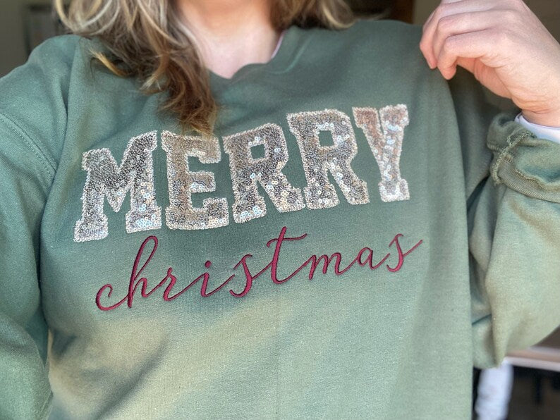 Personalized Merry Christmas Glitter Embroidered Sweatshirt