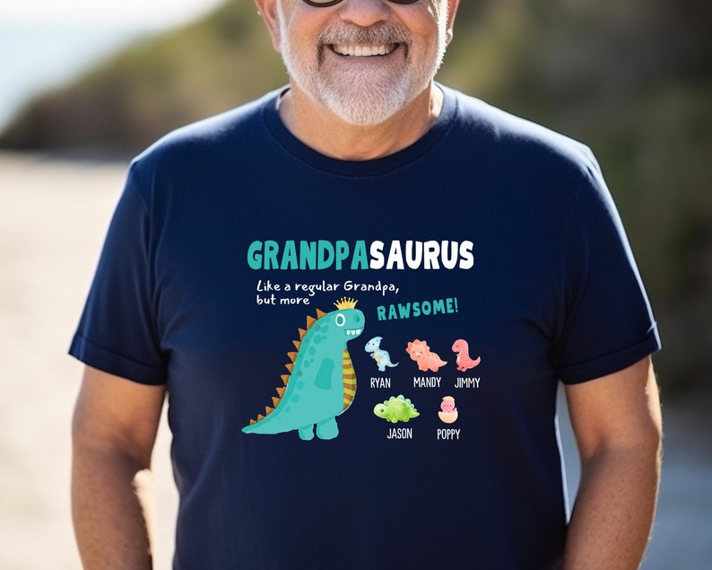 Personalized Grandfather With Grandkids Name Dinosaur Tshirt, Grandpasaurus Short Sleeve Tee