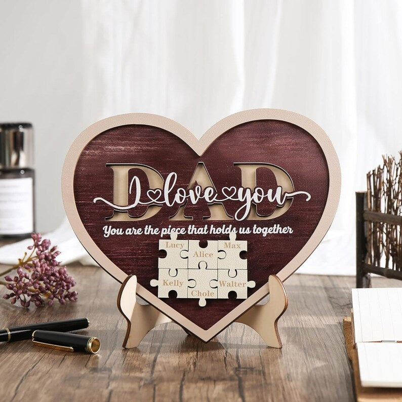 Personalized Dad Puzzle Heart Frame Wood Sign With Kids Name For Father's Day Gift