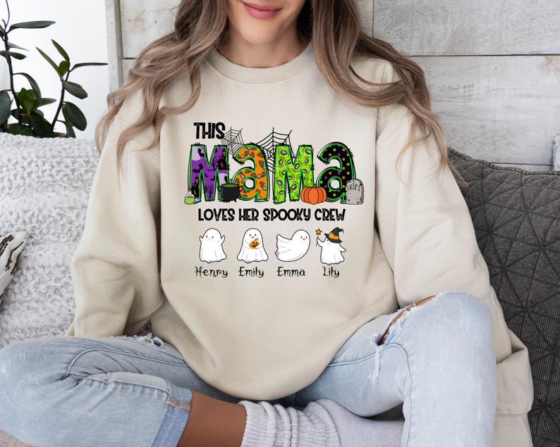 Personalized Halloween Mama Sweatshirt with Kids Names, Custom Halloween Mama Sweater, Spooky Mama Sweater