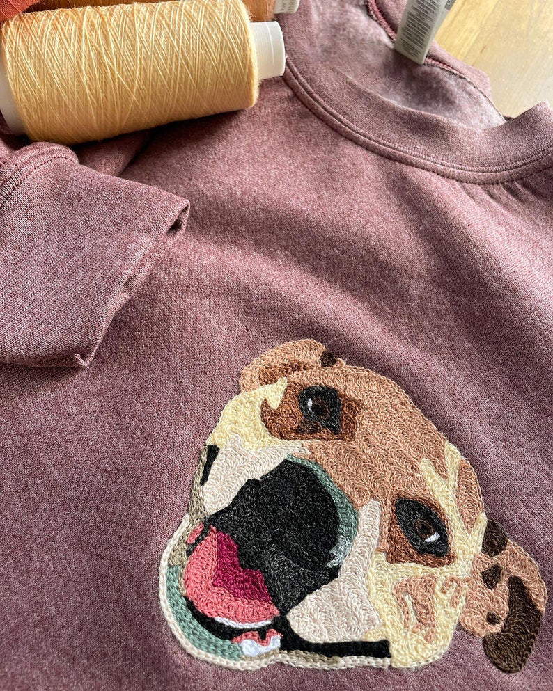 Custom Handmade Handcranked Chainstitch Embroidered Pet Portrait Sweatshirt