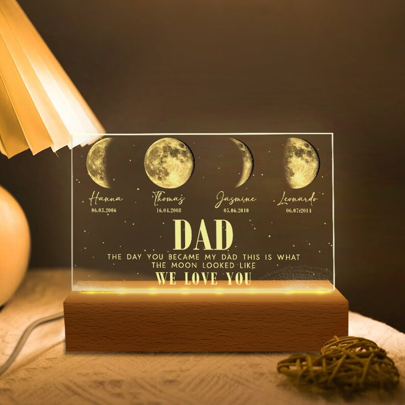 Custom The Day You Became My Dad Moons Phase Light Plaque With Kids Names