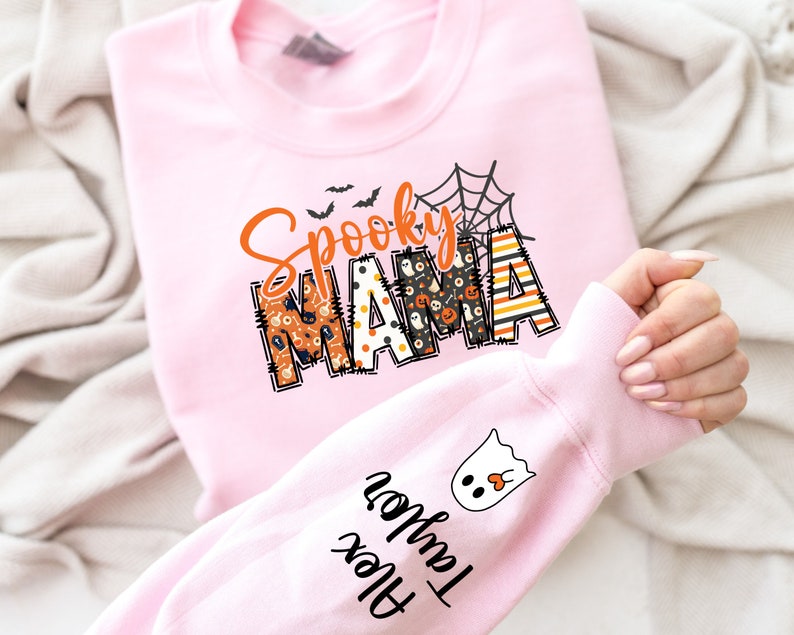 Custom Halloween Spooky Mama Sweatshirt with Kids Name on Sleeve Sweatshirt, Cool Mama Halloween Sweatshirt