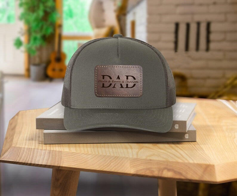 Custom Kids Name Dad Hat, Personalized Dad Gift, Leather Patch Hat