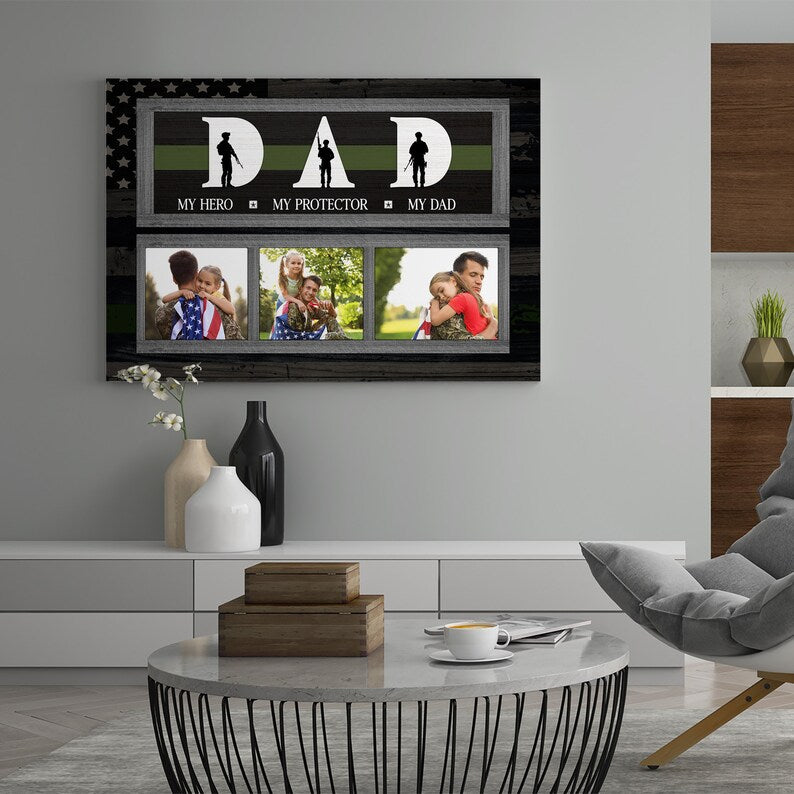 Personalized Photo Canvas Gift For Veteran Dad, Custom Green Thin Line Canvas,Gift From Kid