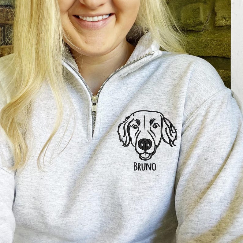 Custom Full Color/Outline EMBROIDERED Pet Quarter Zip Sweatshirt, Dog Potrait Zip Up Sweatshirt