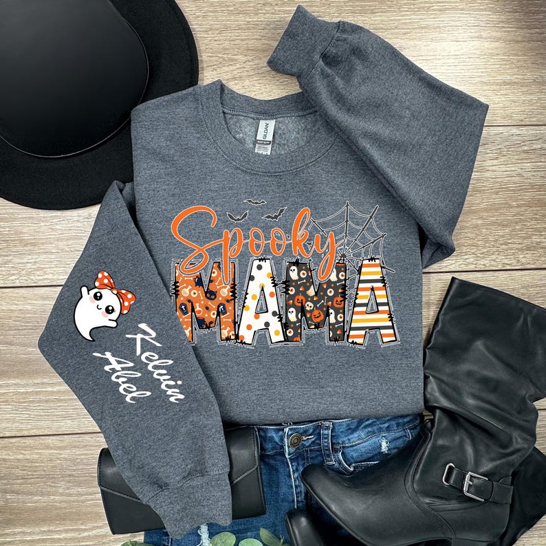 Custom Halloween Spooky Mama Sweatshirt with Kids Name on Sleeve Sweatshirt