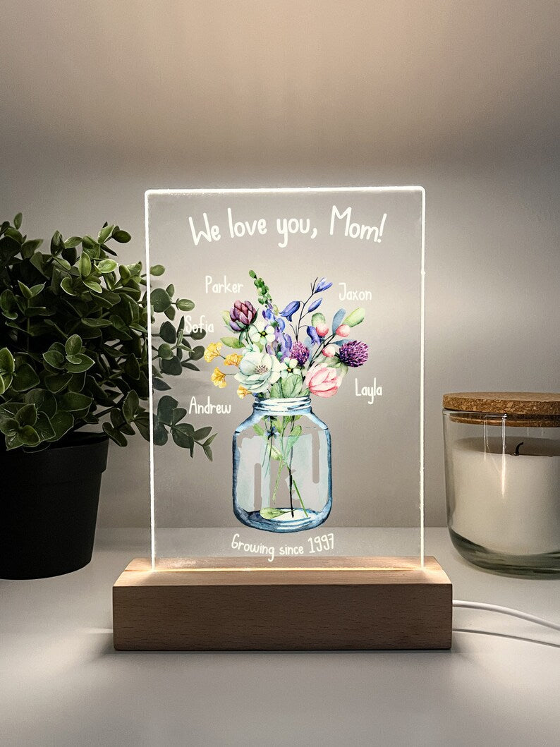 Custom Personalized Flowers Wood Stand Night Light Up Lamp Wooden LED Mom Gift