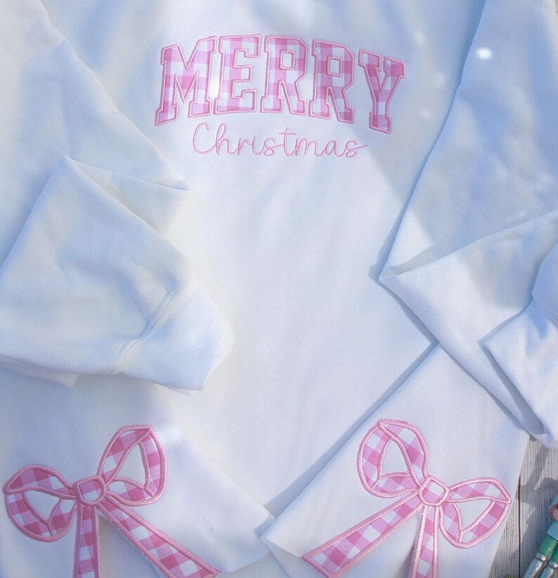 Embroidery Pink Merry Christmas Side Bow Sweatshirt