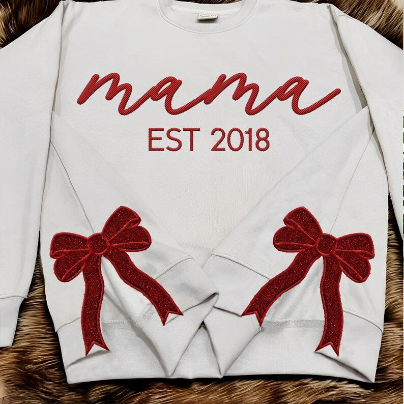 Personalized Mama Embroidered Glitter Side Bow Sweatshirt