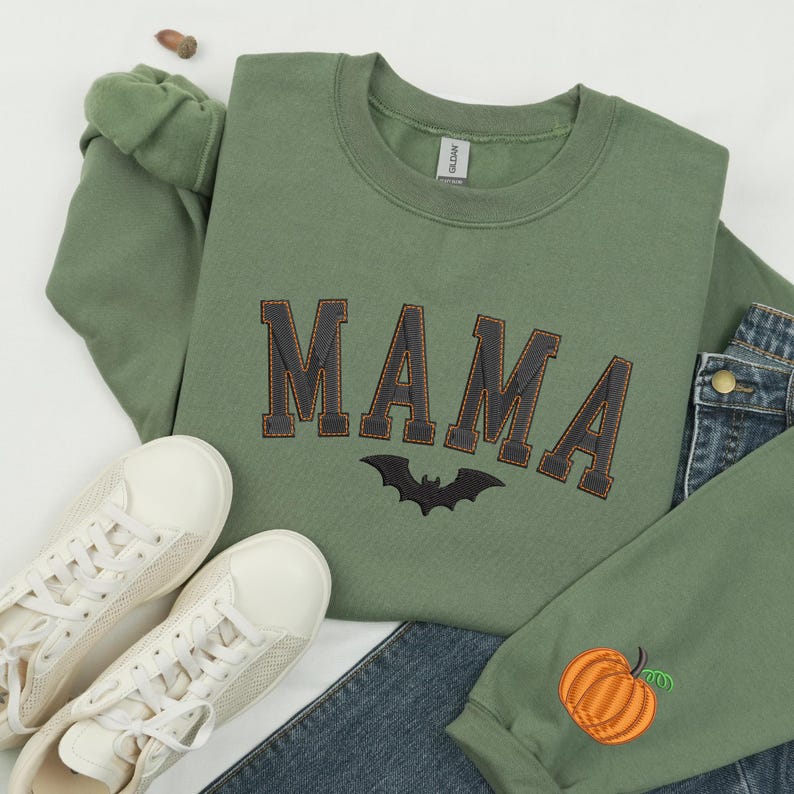 Halloween Mama Sweatshirt, Embroidered Mama Bat Shirt