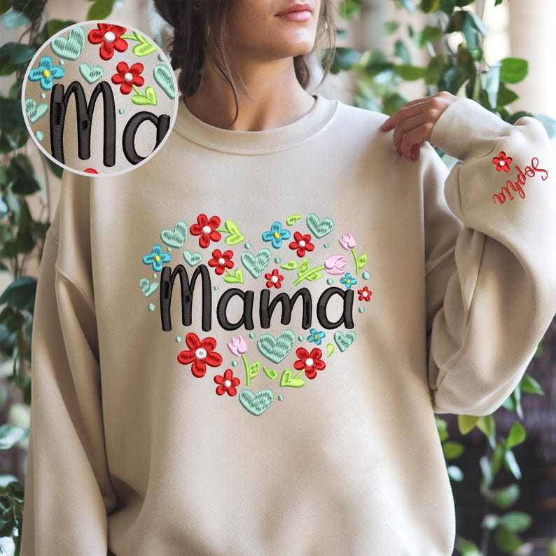 Custom Heart Flower Mama Embroidery Sweatshirt, Gift for Grandma, Mom, Her