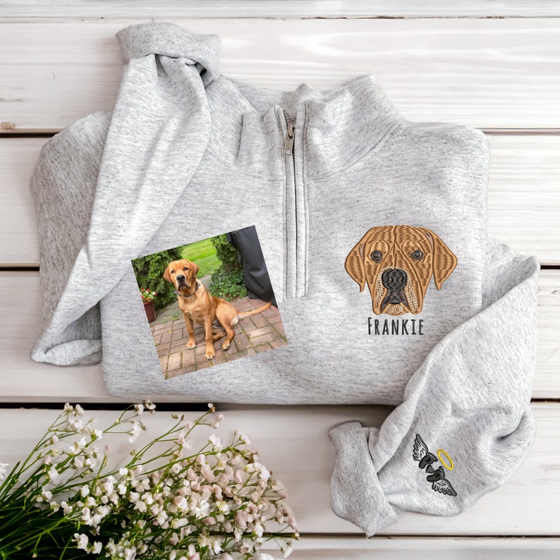 Custom Full Color/Outline EMBROIDERED Pet Quarter Zip Sweatshirt, Dog Potrait Zip Up Sweatshirt