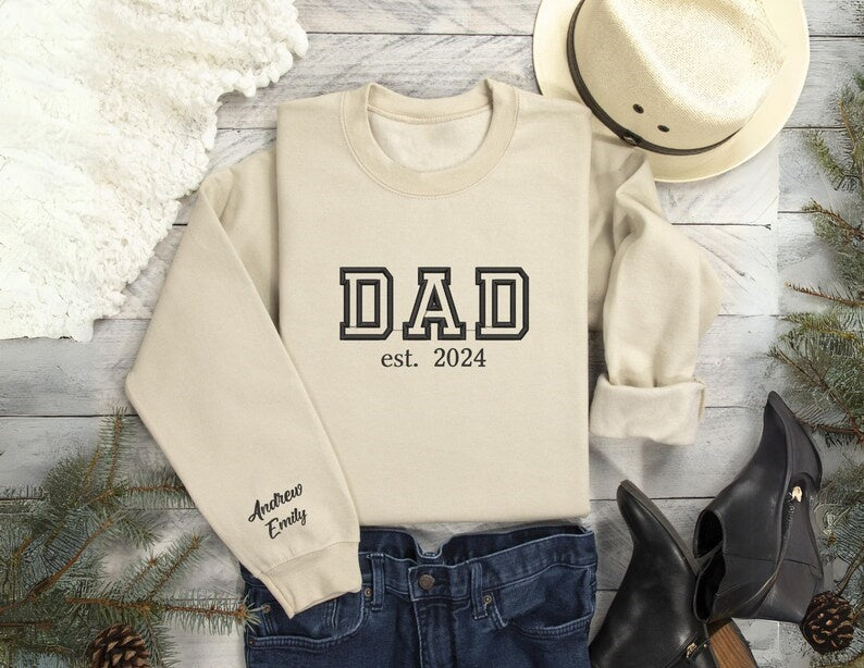 Custom Dad Embroidery Sweatshirt, Personalized Papa Hoodie With Kids Names On Sleeve